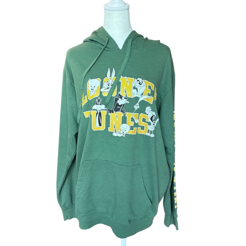 Looney Tunes Womens Green Graphic Hoodie Thats All Folks Bugs Bunny Medium